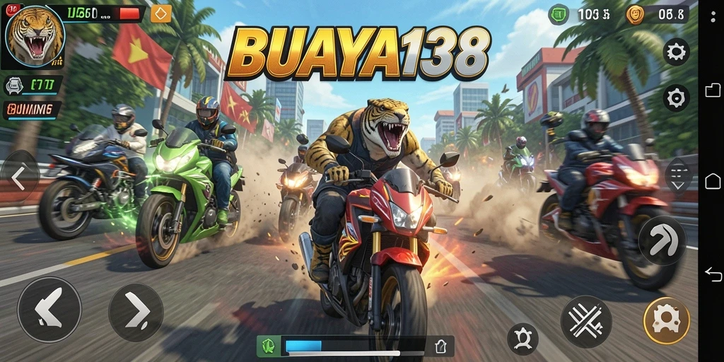 Tampilan menarik dari gameplay BUAYA138 saat balapan motor.