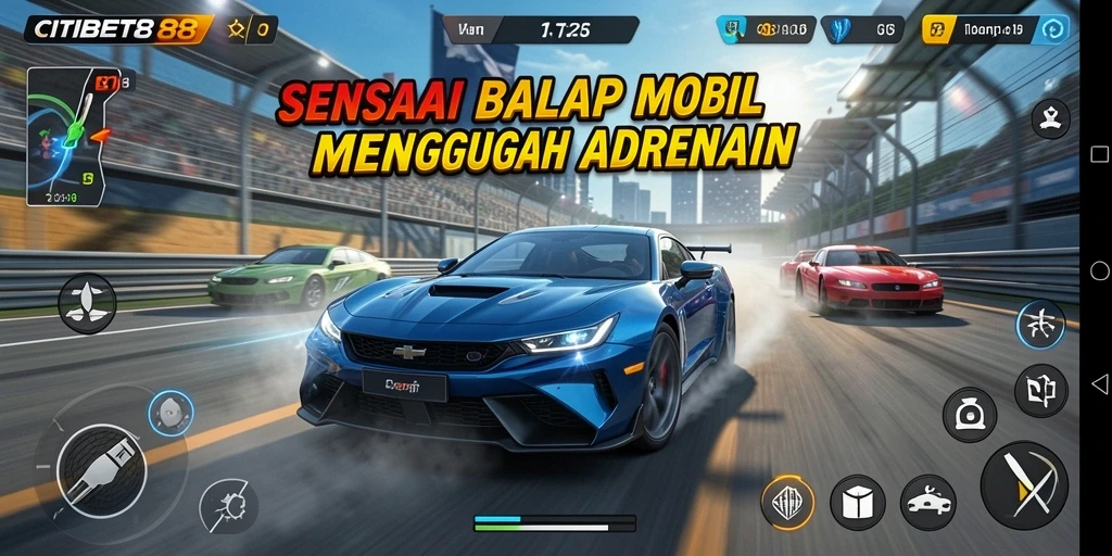 Screenshot gameplay CITIBET88 yang menunjukkan mobil balap melaju kencang.