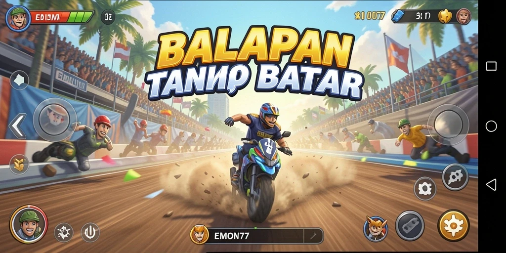 Screenshot gameplay EMON77 dengan aksi balapan yang mendebarkan.