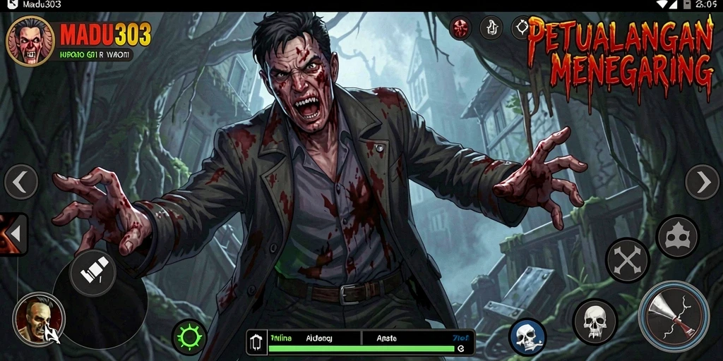 Tangkapan layar gameplay MADU303 yang memperlihatkan suasana horor yang mencekam.