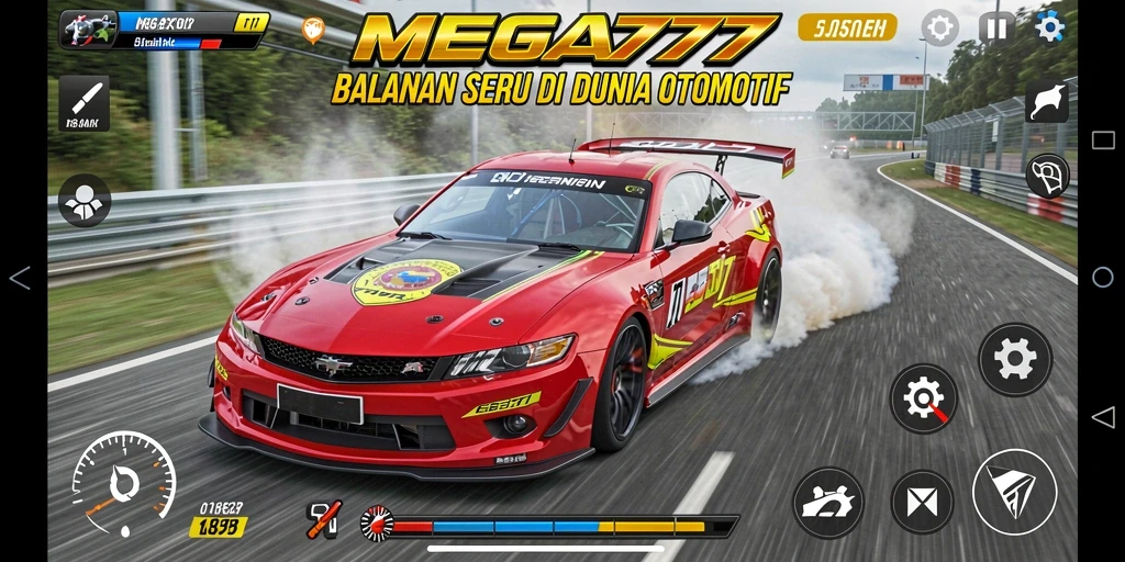 Tampilan action balap seru dalam MEGA777 dengan mobil kecepatan tinggi.