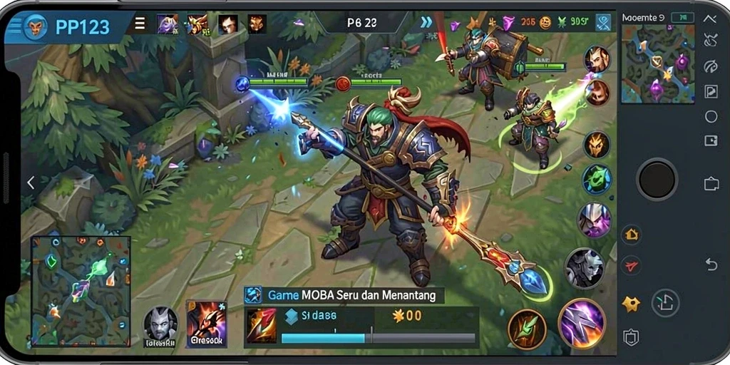 Tampilan permainan PP123 dengan aksi MOBA yang mendebarkan.