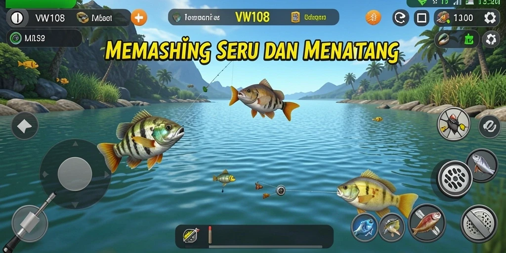 Tampilan gameplay VW108 yang menampilkan keindahan alam saat memancing.